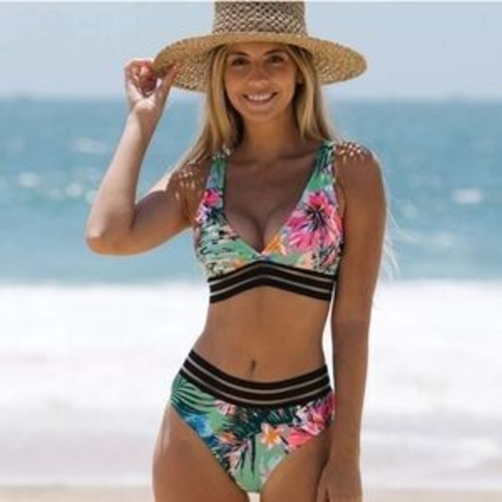 New Green Tropical Print Bralette Top Mesh Panel Bikini Set Swimsuit Size S